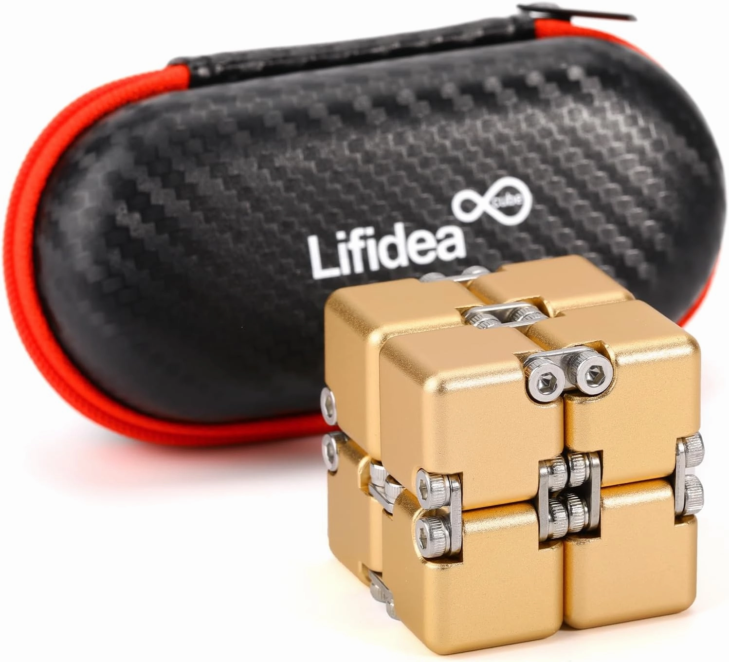Aluminum Alloy Metal Infinity Cube Fidget Cube (6 Colors) Handheld Fidget Toy Desk Toy with Cool Case Infinity Magic Cube Relieve Stress Anxiety ADHD OCD for Kids and Adults (Gold)
