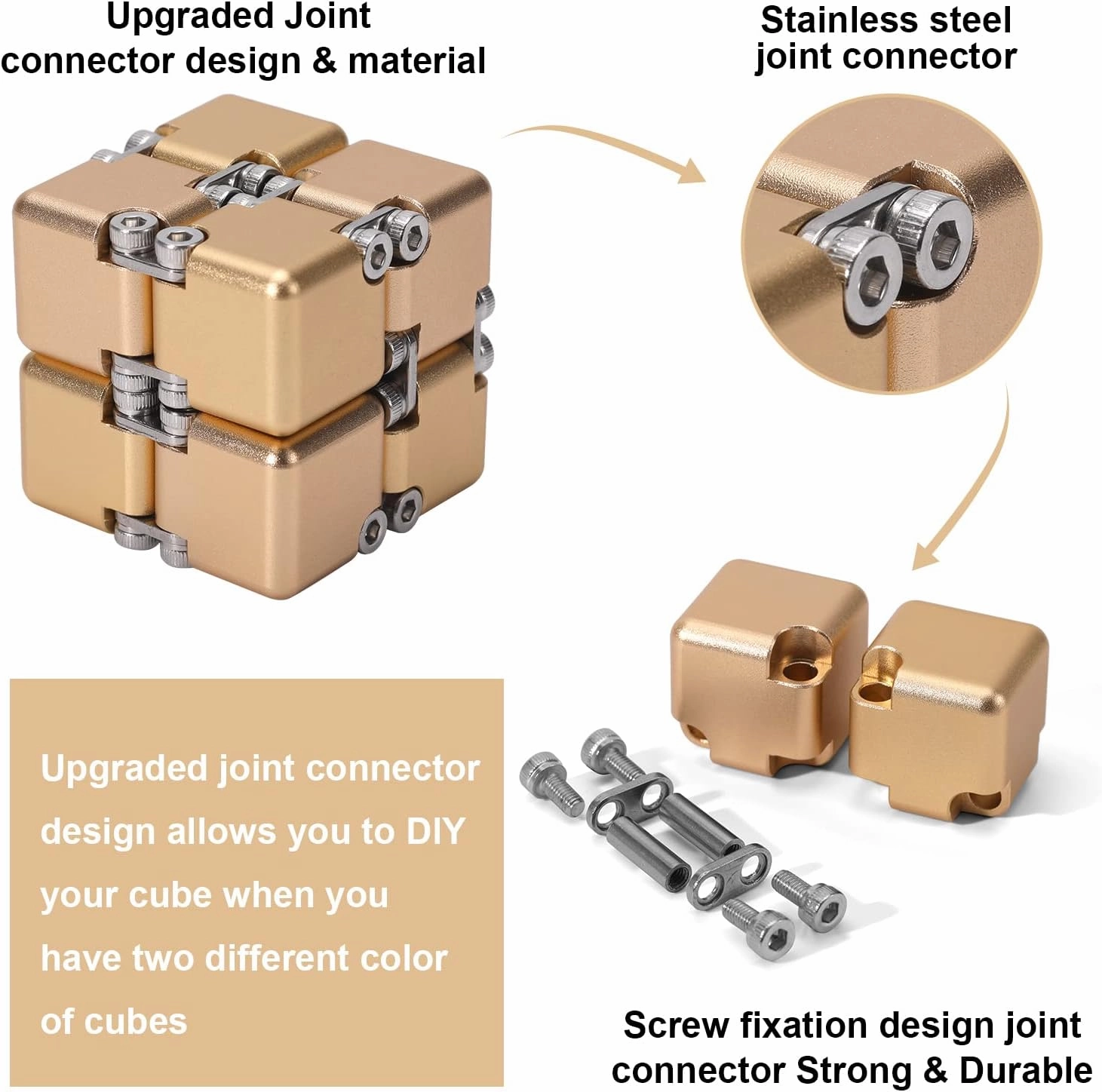 Aluminum Alloy Metal Infinity Cube Fidget Cube (6 Colors) Handheld Fidget Toy Desk Toy with Cool Case Infinity Magic Cube Relieve Stress Anxiety ADHD OCD for Kids and Adults (Gold)