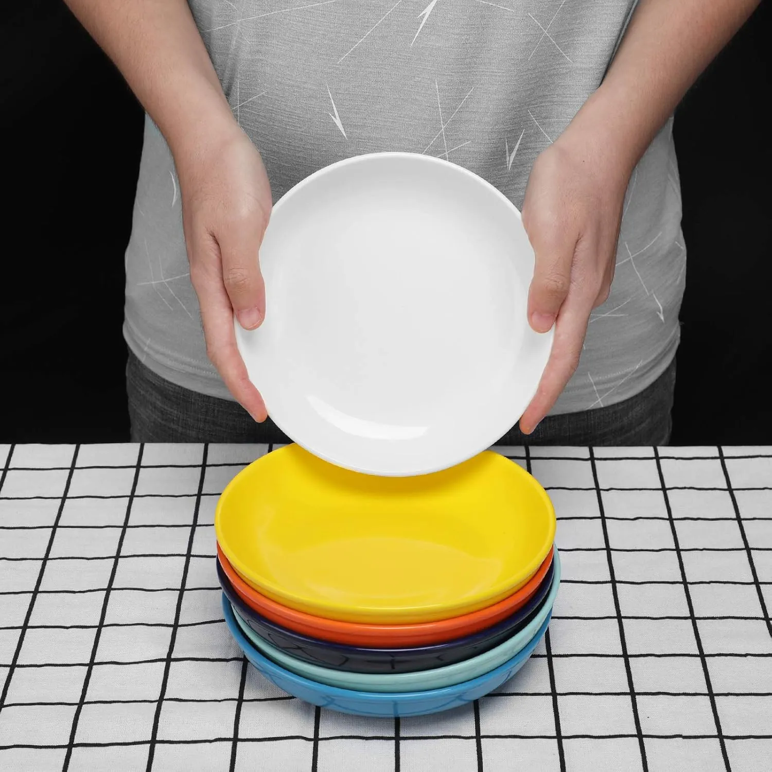 amhomel 7" Small Serving Bowls, 16 Ounces Ceramic Shallow Bowls, Microwave Dishwasher Oven Safe, Set of 6, Warm Assorted Colors