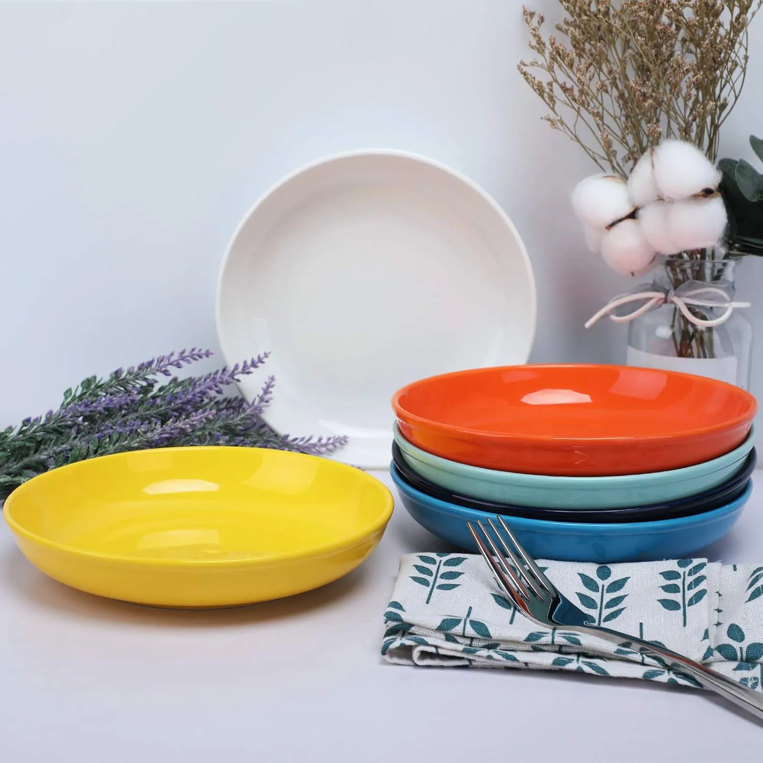 amhomel 7" Small Serving Bowls, 16 Ounces Ceramic Shallow Bowls, Microwave Dishwasher Oven Safe, Set of 6, Warm Assorted Colors