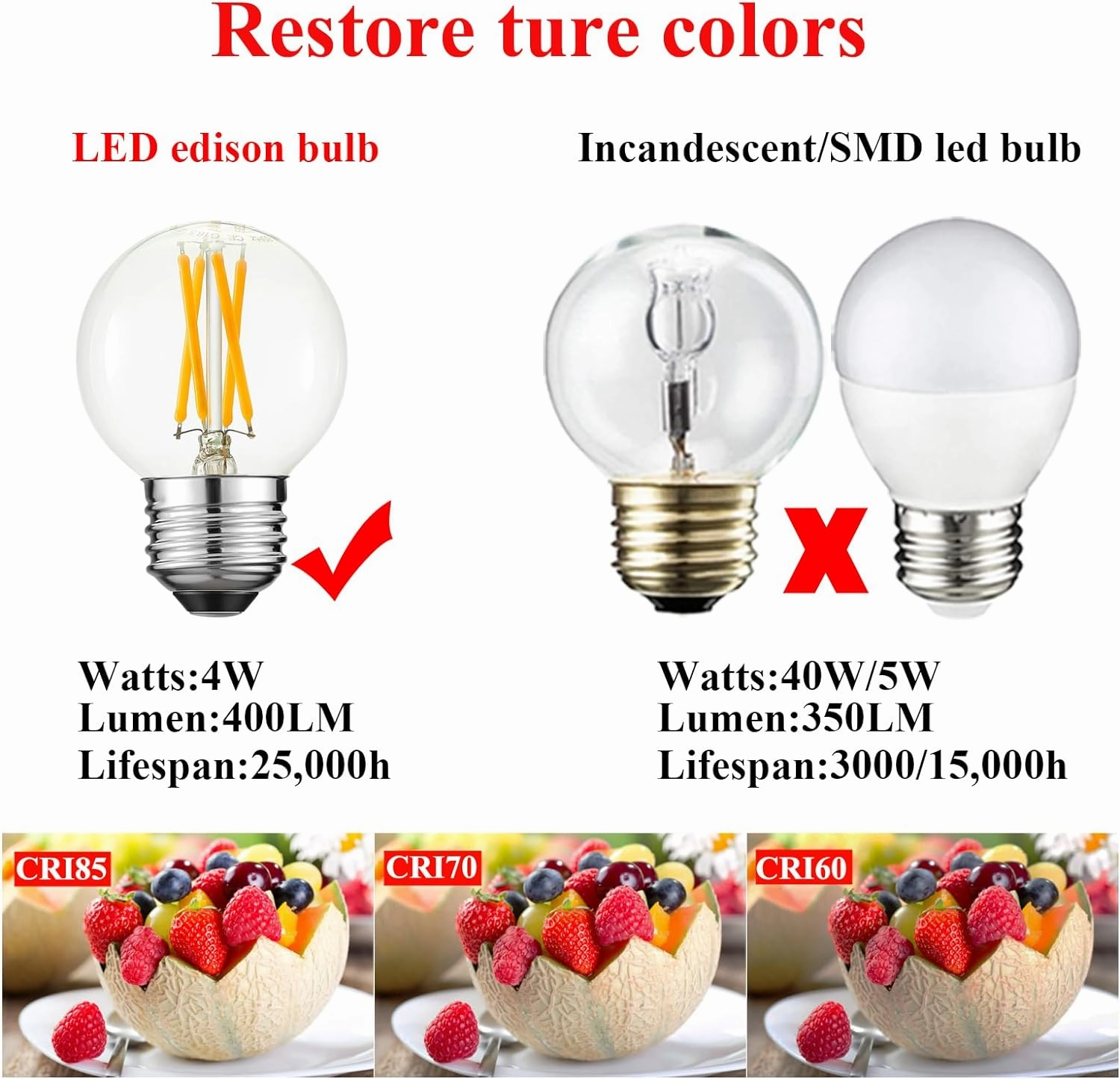 Arberlic G16.5 Light Bulb LED,4W E26 LED Bulb dimmable Equivalent E26 40 watt Light Bulb,Warm White 2700K,400lm,CRI85 ,AC120V,Edison Style,Clear Glass,Flicker Free,Pack of 6