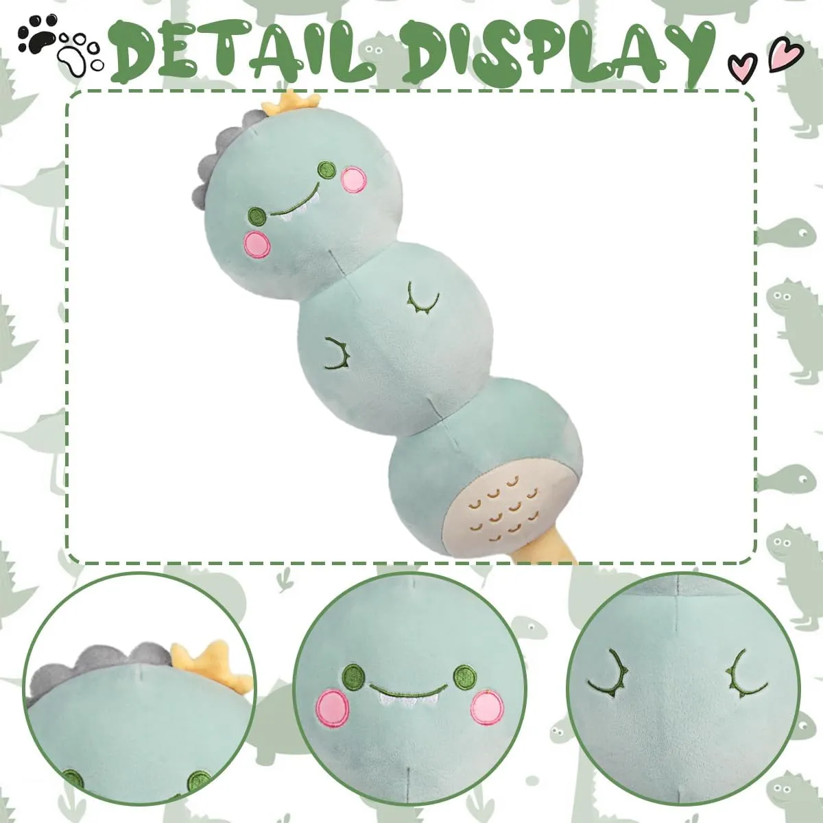 ARELUX Long Dino Cotton Candy Plush Cute Dinosaur Stuffed Animals Body Throw Pillow Soft Sleeping Hugging Plushie Toy Room Decor Gift for Kids Girls Boys Birthday Christmas