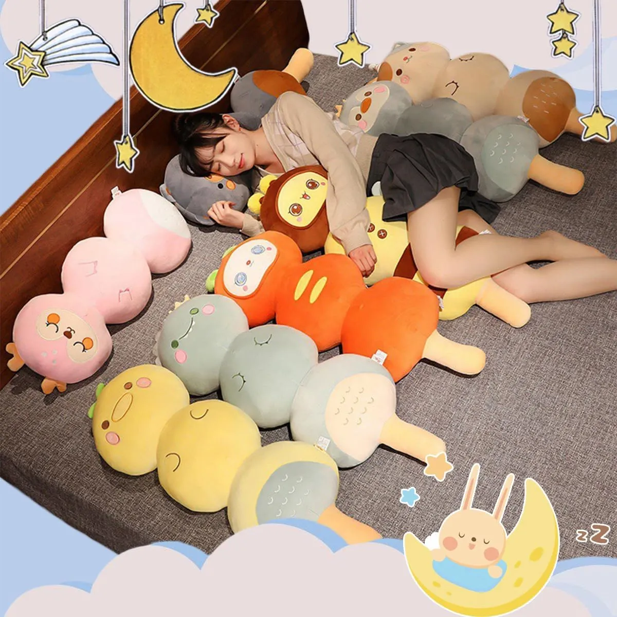 ARELUX Long Dino Cotton Candy Plush Cute Dinosaur Stuffed Animals Body Throw Pillow Soft Sleeping Hugging Plushie Toy Room Decor Gift for Kids Girls Boys Birthday Christmas