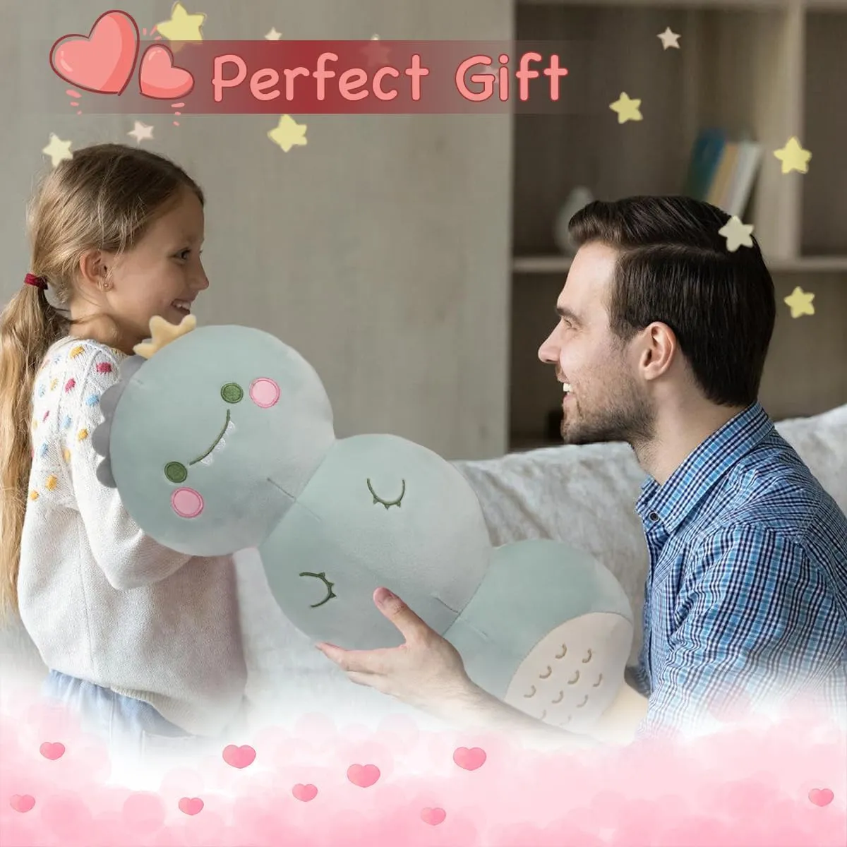 ARELUX Long Dino Cotton Candy Plush Cute Dinosaur Stuffed Animals Body Throw Pillow Soft Sleeping Hugging Plushie Toy Room Decor Gift for Kids Girls Boys Birthday Christmas