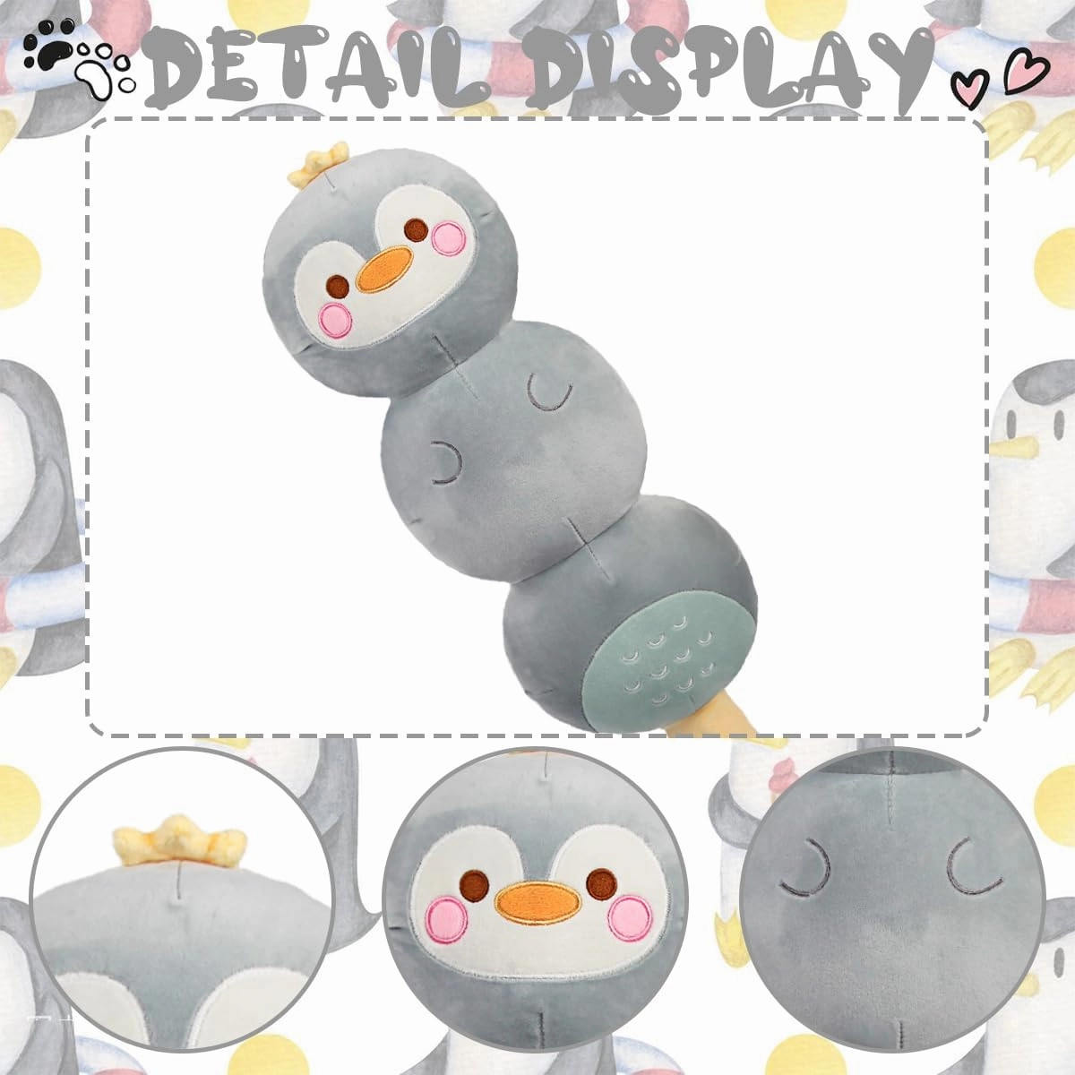 ARELUX Long Penguin Cotton Candy Plush Cute Penguin Stuffed Animals Body Throw Pillow Soft Sleeping Hugging Plushie Toy Room Decor Gift for Kids Girls Boys Birthday Christmas