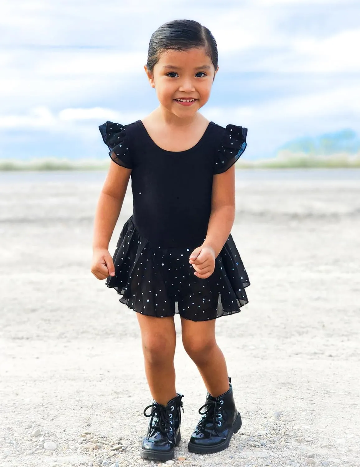 Arshiner Girls Shiny Ruffle Sleeve Ballet Leotard with Skirt Criss-Cross Back Dance Dresses