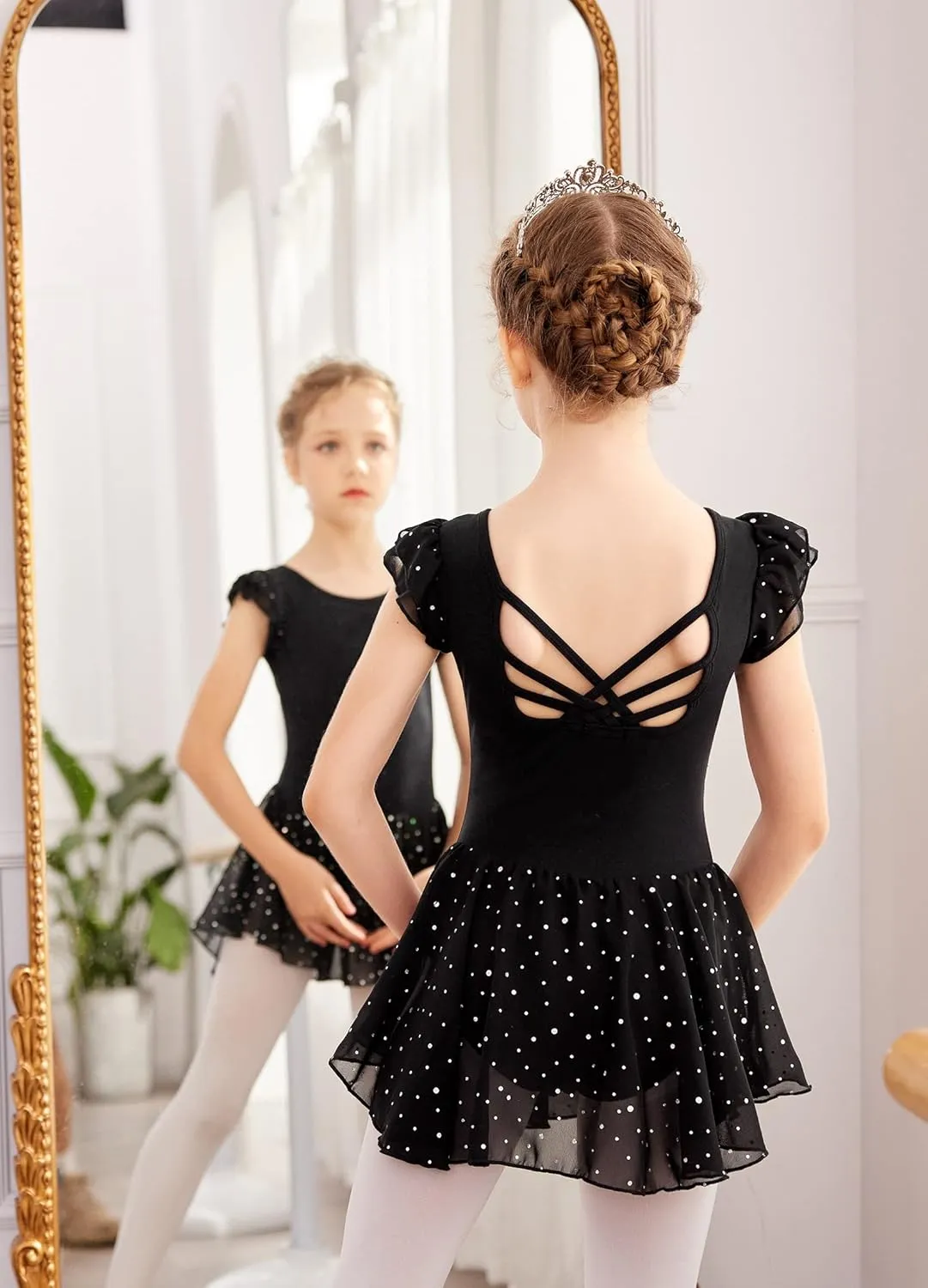Arshiner Girls Shiny Ruffle Sleeve Ballet Leotard with Skirt Criss-Cross Back Dance Dresses