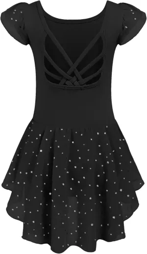 Arshiner Girls Shiny Ruffle Sleeve Ballet Leotard with Skirt Criss-Cross Back Dance Dresses