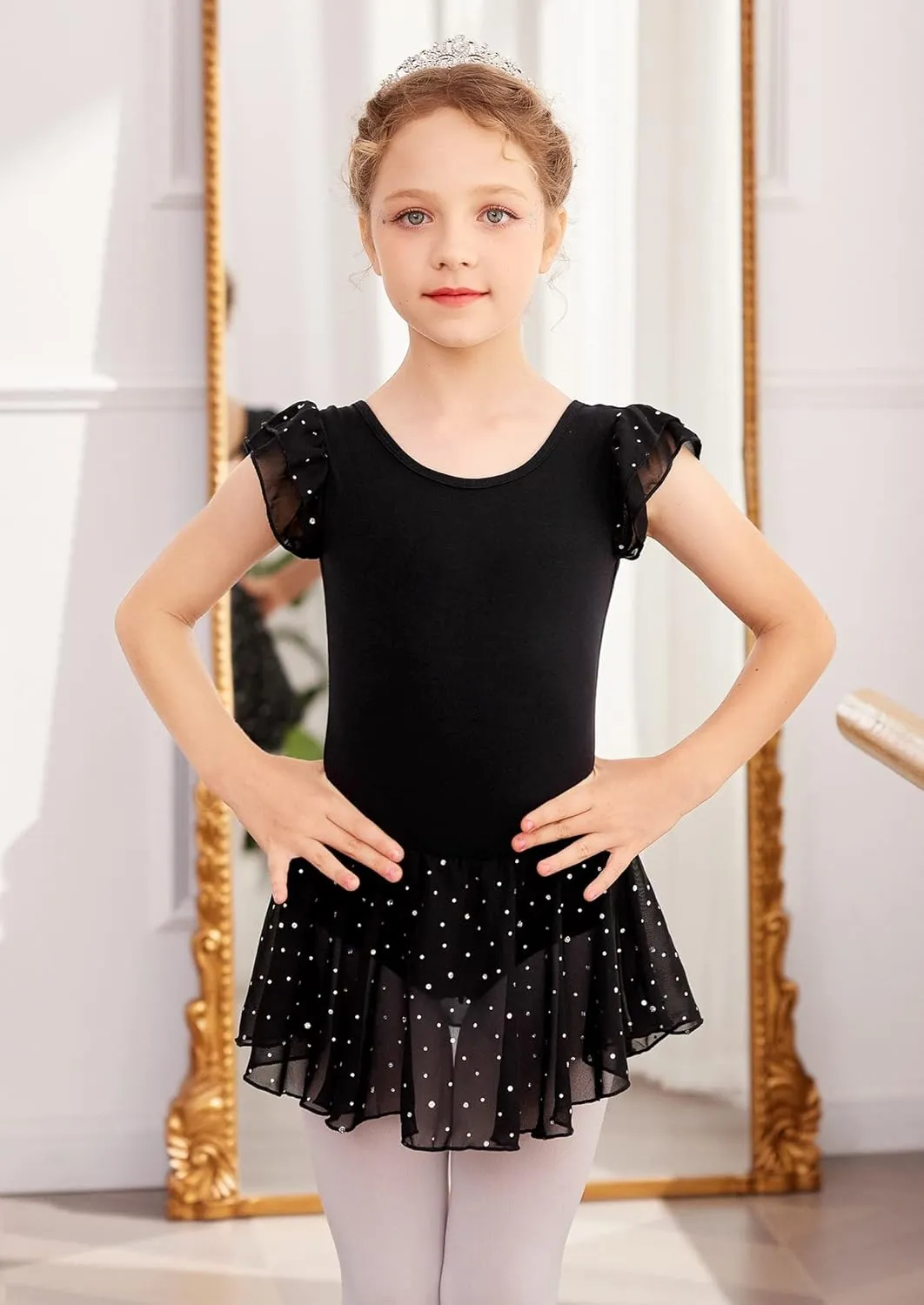 Arshiner Girls Shiny Ruffle Sleeve Ballet Leotard with Skirt Criss-Cross Back Dance Dresses