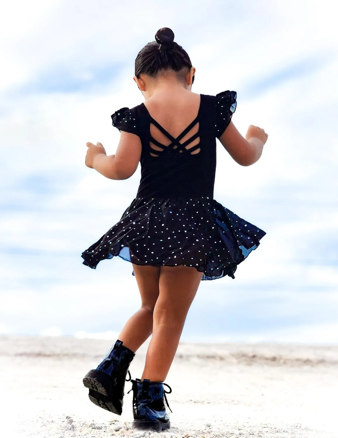 Arshiner Girls Shiny Ruffle Sleeve Ballet Leotard with Skirt Criss-Cross Back Dance Dresses