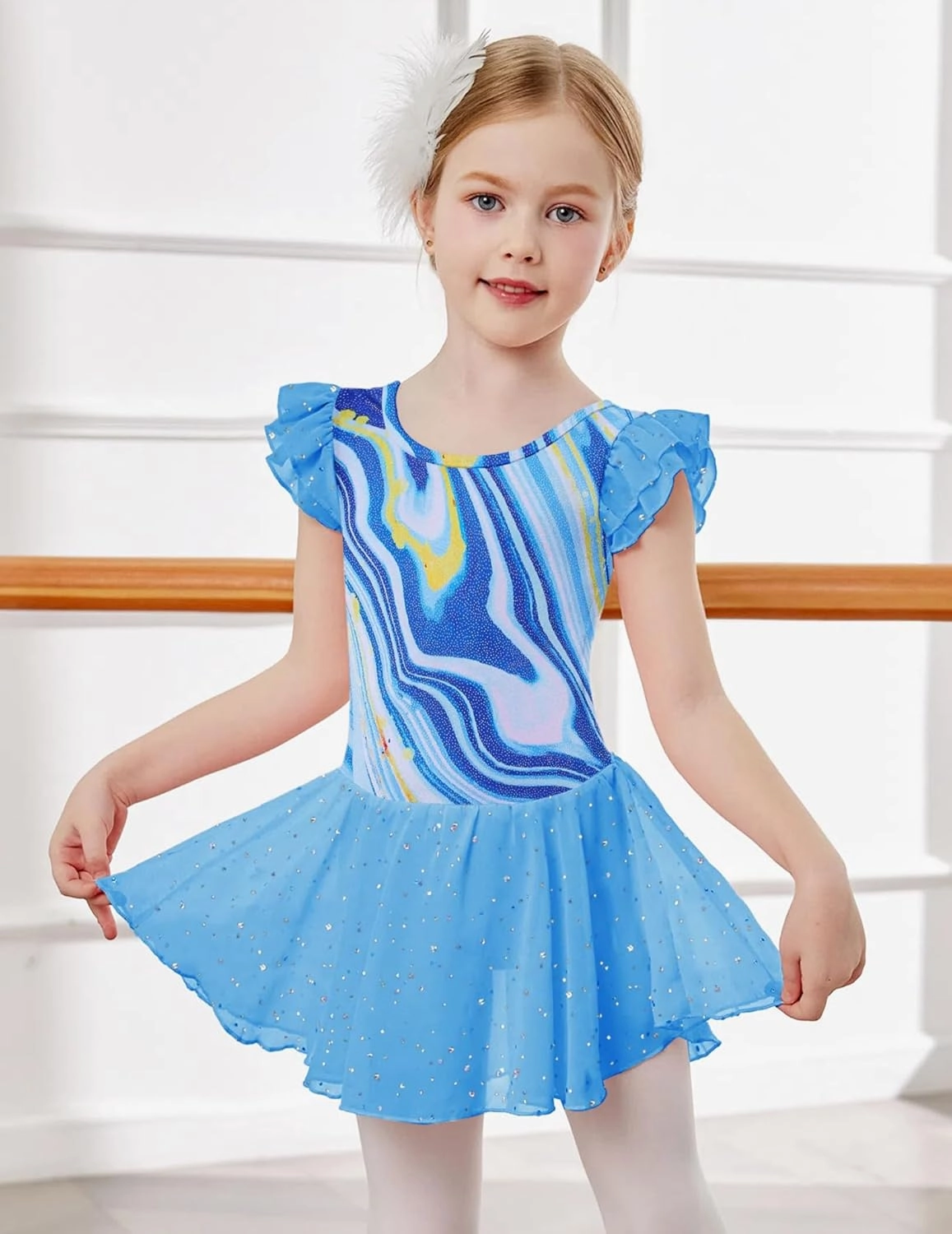 Arshiner Girls Shiny Ruffle Sleeve Ballet Leotard with Skirt Criss-Cross Back Dance Dresses