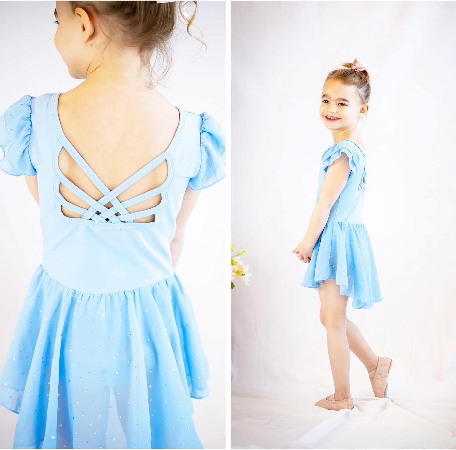 Arshiner Girls Shiny Ruffle Sleeve Ballet Leotard with Skirt Criss-Cross Back Dance Dresses