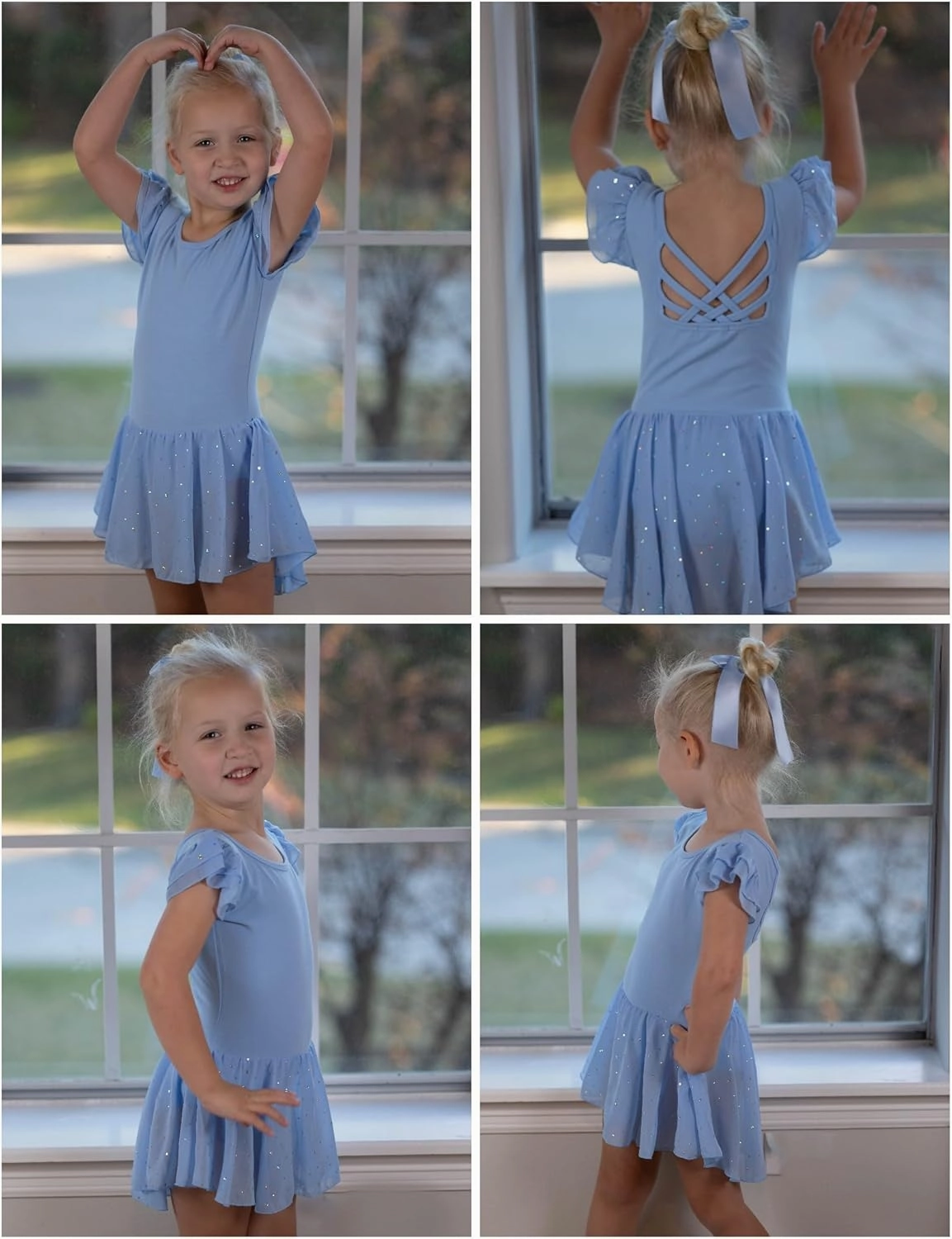 Arshiner Girls Shiny Ruffle Sleeve Ballet Leotard with Skirt Criss-Cross Back Dance Dresses