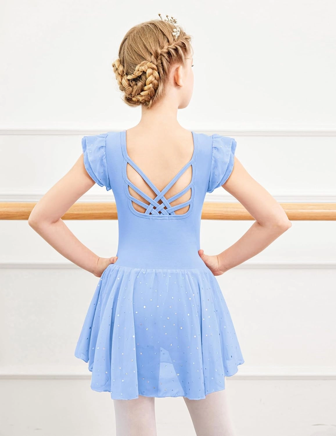 Arshiner Girls Shiny Ruffle Sleeve Ballet Leotard with Skirt Criss-Cross Back Dance Dresses