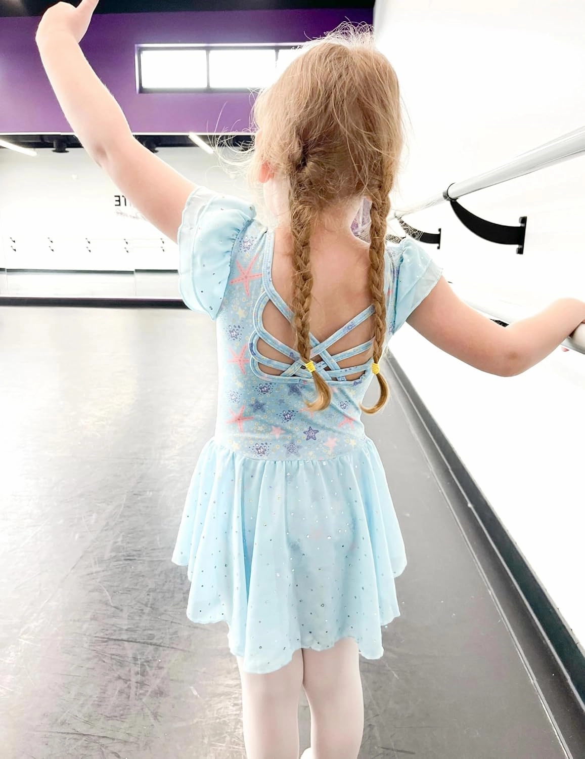 Arshiner Girls Shiny Ruffle Sleeve Ballet Leotard with Skirt Criss-Cross Back Dance Dresses
