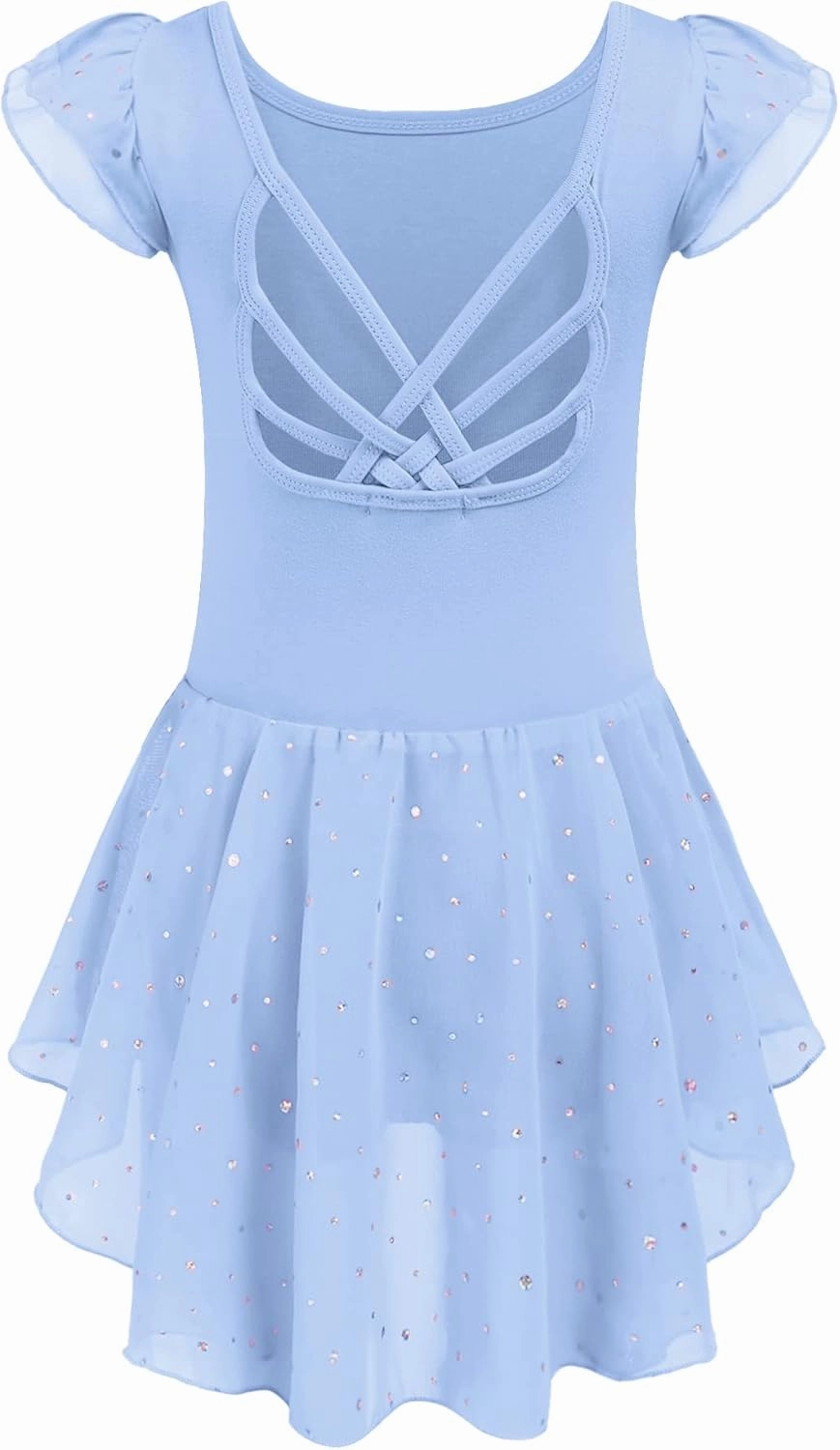 Arshiner Girls Shiny Ruffle Sleeve Ballet Leotard with Skirt Criss-Cross Back Dance Dresses