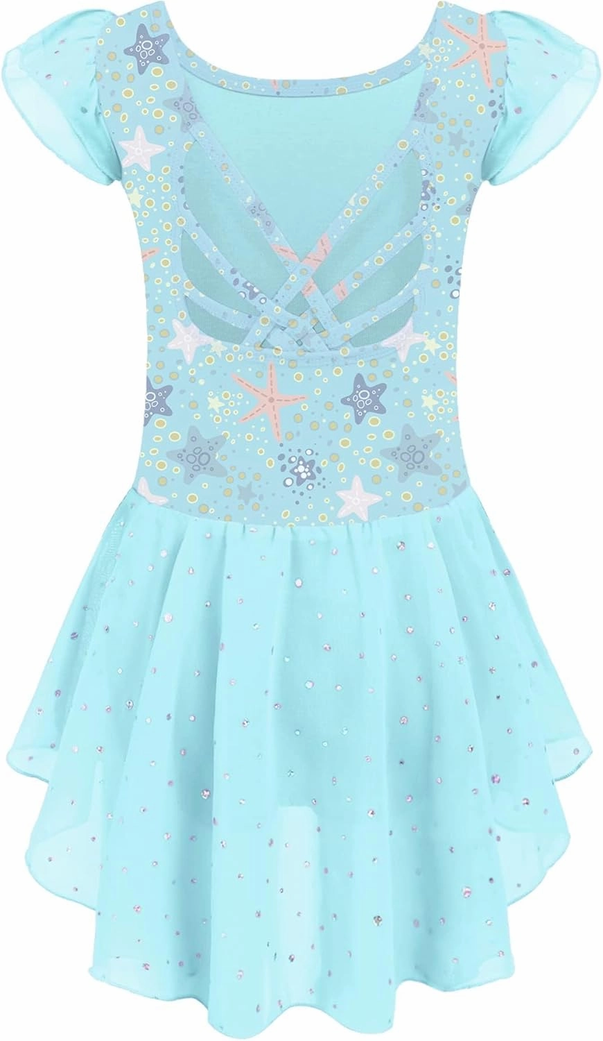 Arshiner Girls Shiny Ruffle Sleeve Ballet Leotard with Skirt Criss-Cross Back Dance Dresses