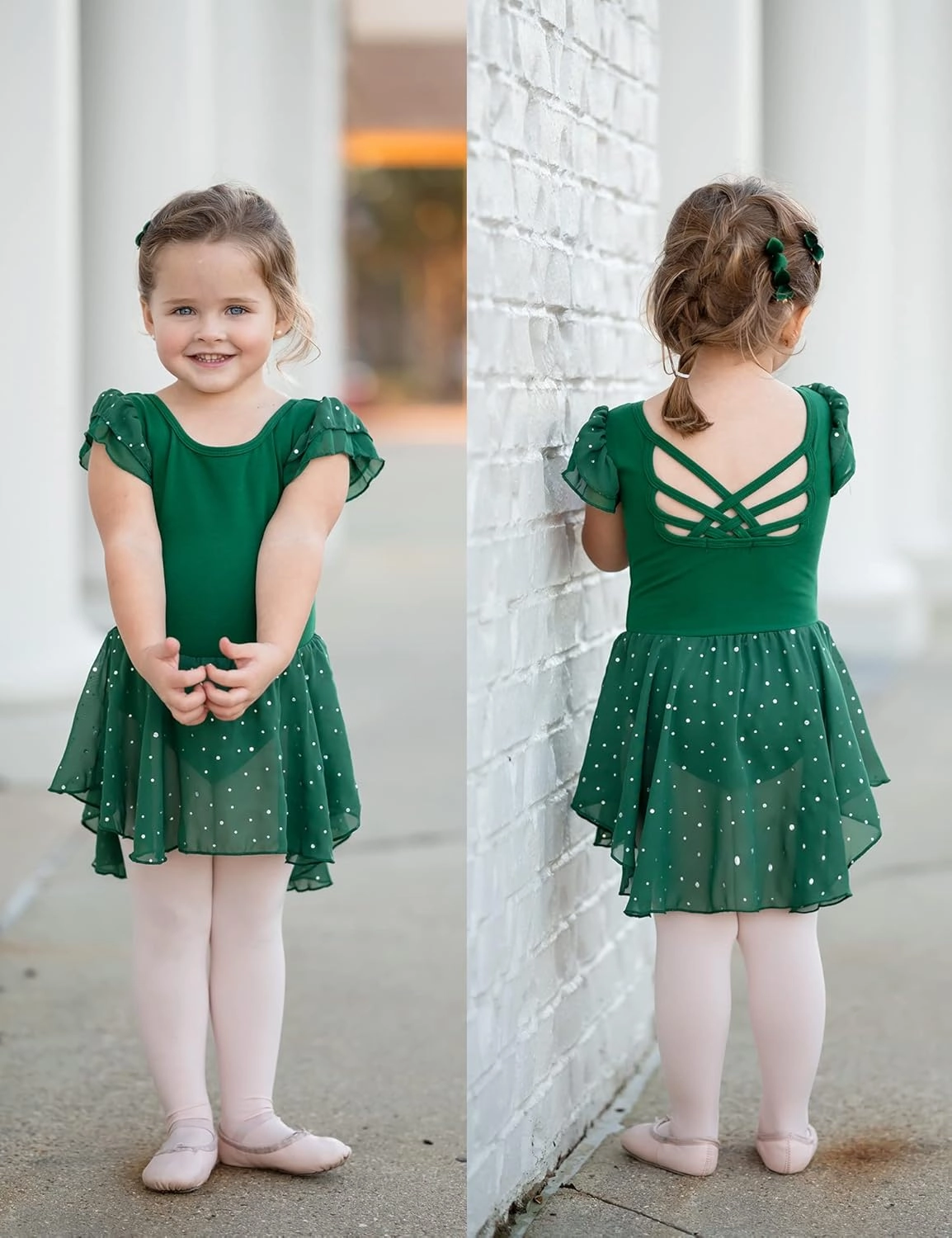 Arshiner Girls Shiny Ruffle Sleeve Ballet Leotard with Skirt Criss-Cross Back Dance Dresses