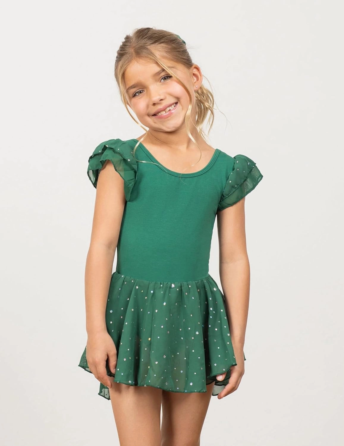 Arshiner Girls Shiny Ruffle Sleeve Ballet Leotard with Skirt Criss-Cross Back Dance Dresses