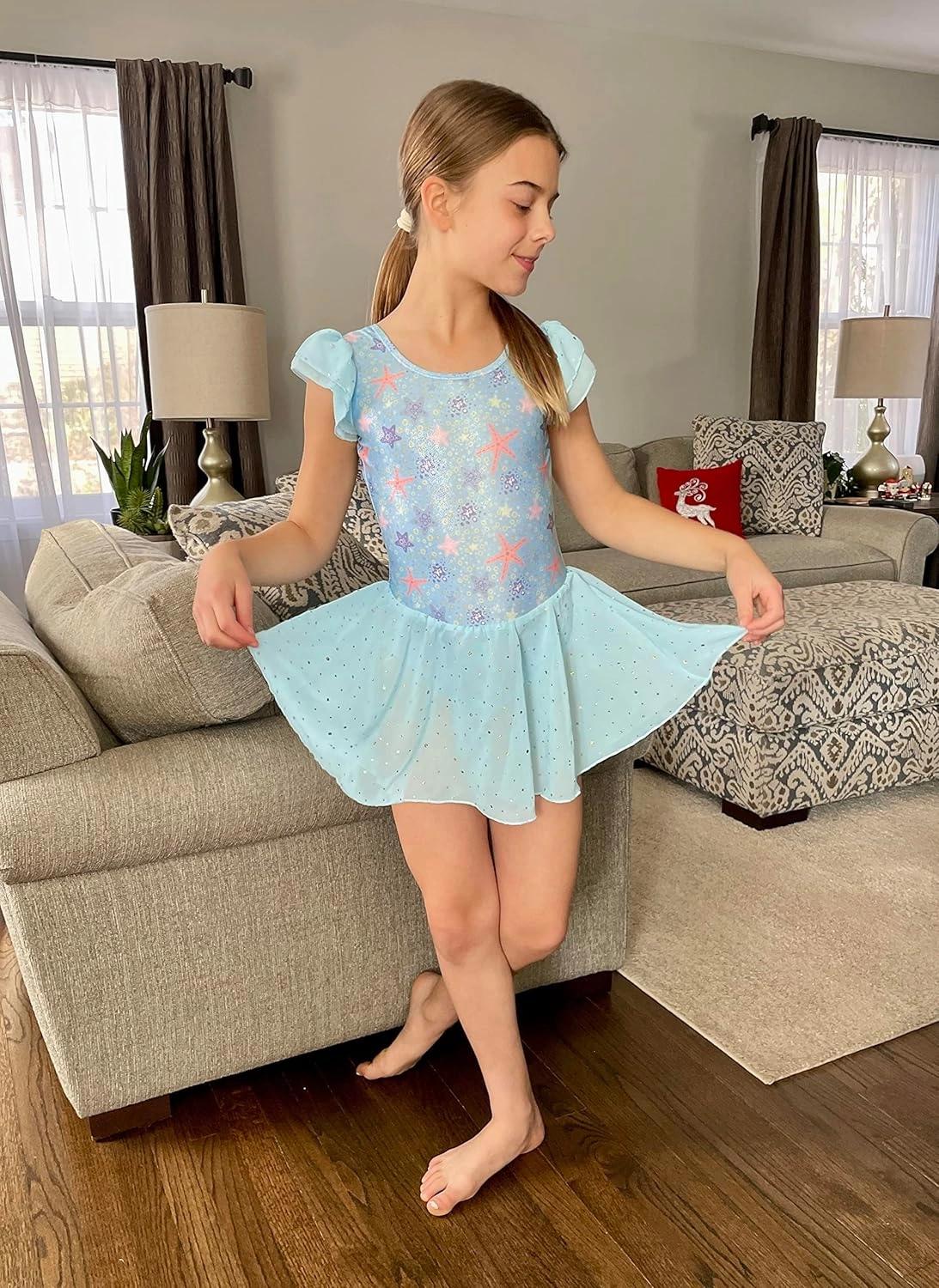 Arshiner Girls Shiny Ruffle Sleeve Ballet Leotard with Skirt Criss-Cross Back Dance Dresses