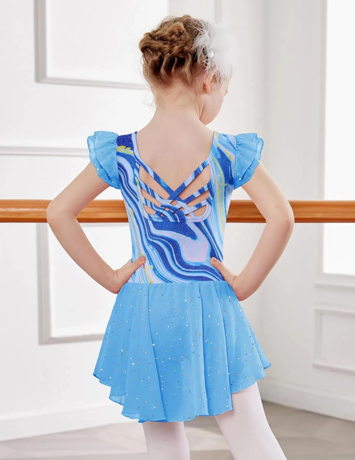 Arshiner Girls Shiny Ruffle Sleeve Ballet Leotard with Skirt Criss-Cross Back Dance Dresses
