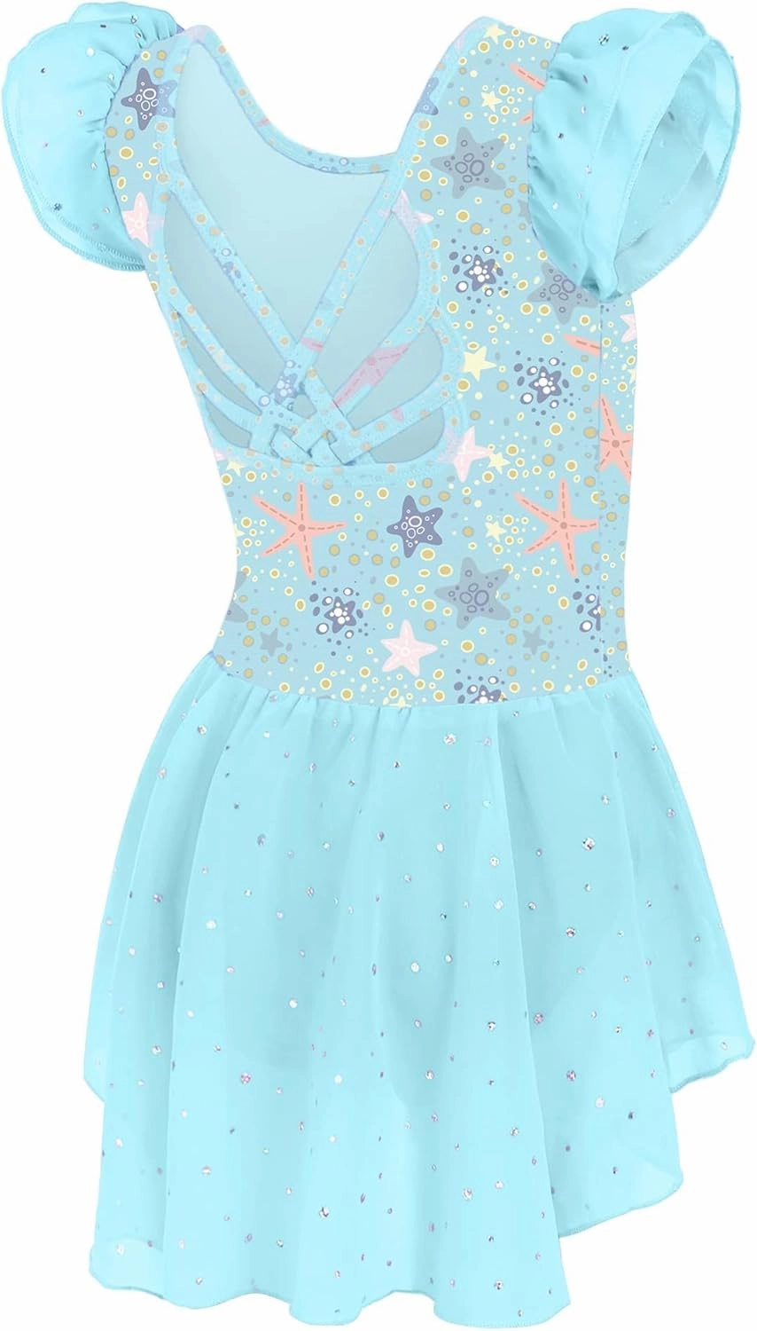 Arshiner Girls Shiny Ruffle Sleeve Ballet Leotard with Skirt Criss-Cross Back Dance Dresses