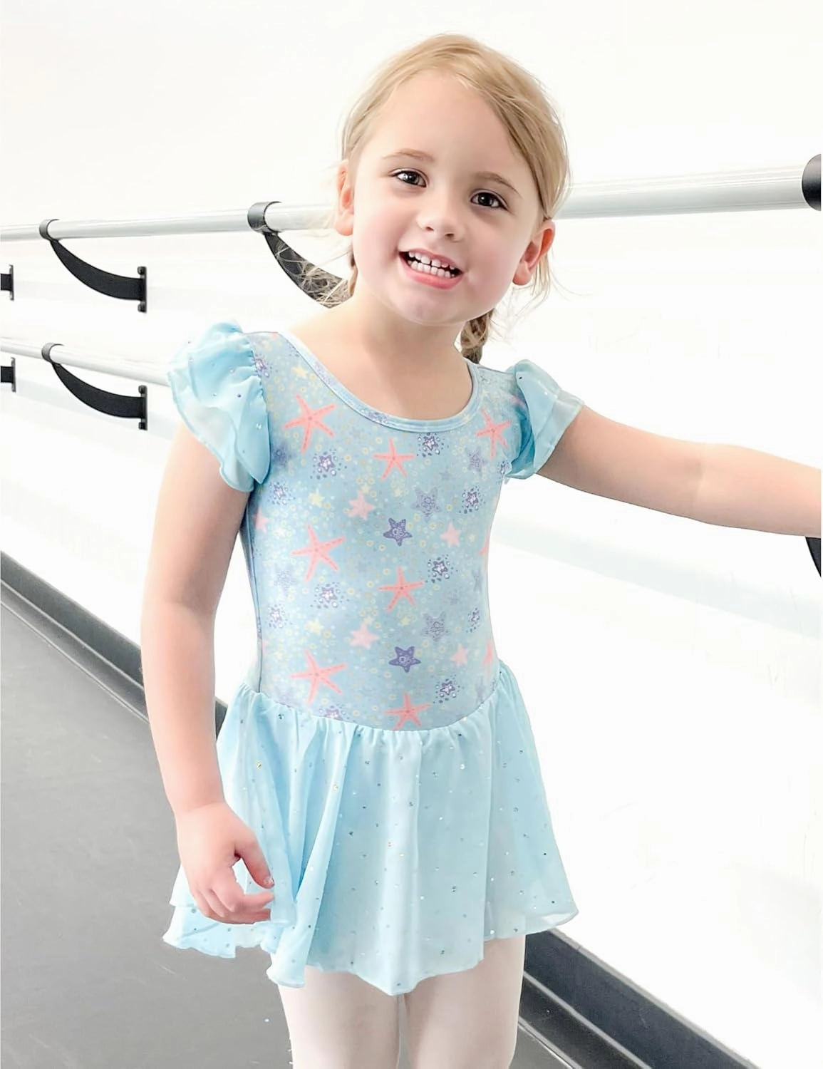 Arshiner Girls Shiny Ruffle Sleeve Ballet Leotard with Skirt Criss-Cross Back Dance Dresses