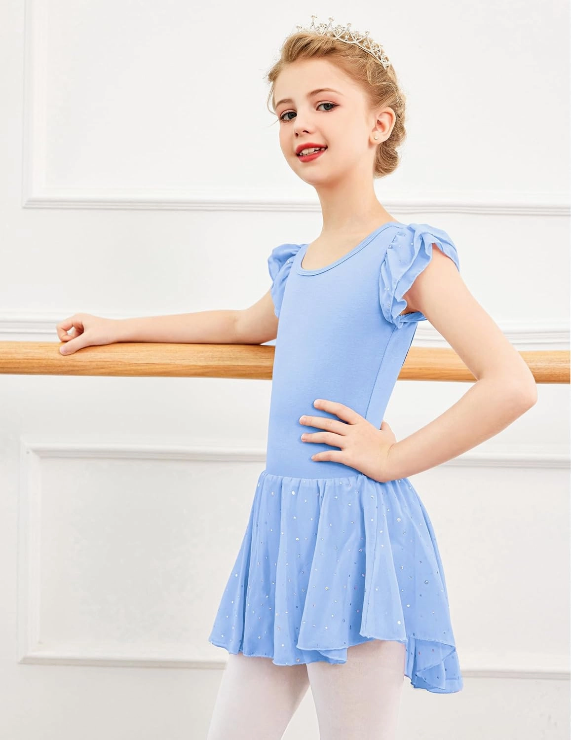 Arshiner Girls Shiny Ruffle Sleeve Ballet Leotard with Skirt Criss-Cross Back Dance Dresses