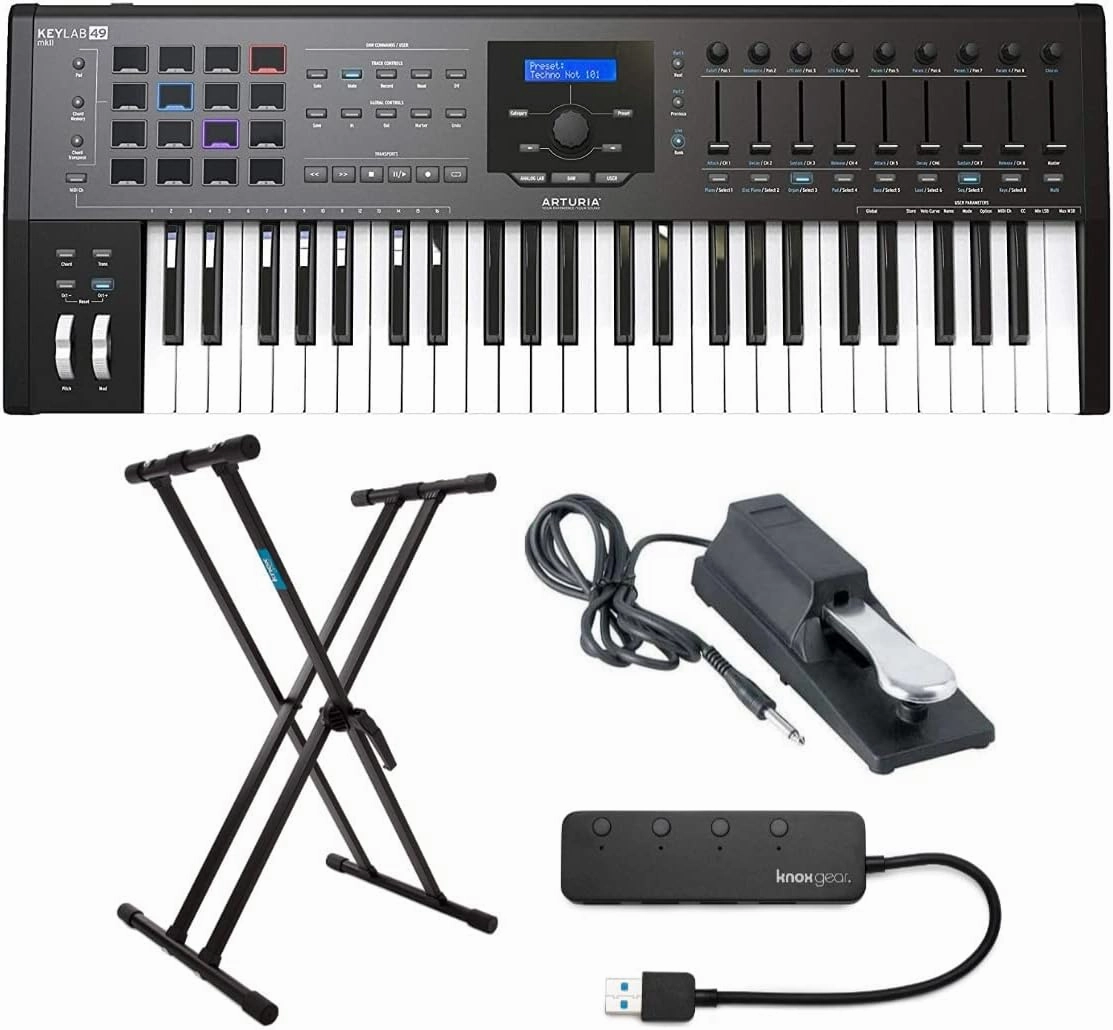 Arturia KeyLab MkII 49-Key MIDI Keyboard Controller (Black) Bundle with On Stage Sustain Pedal, Gear Stand and 4-Port USB Hub (4 Items)