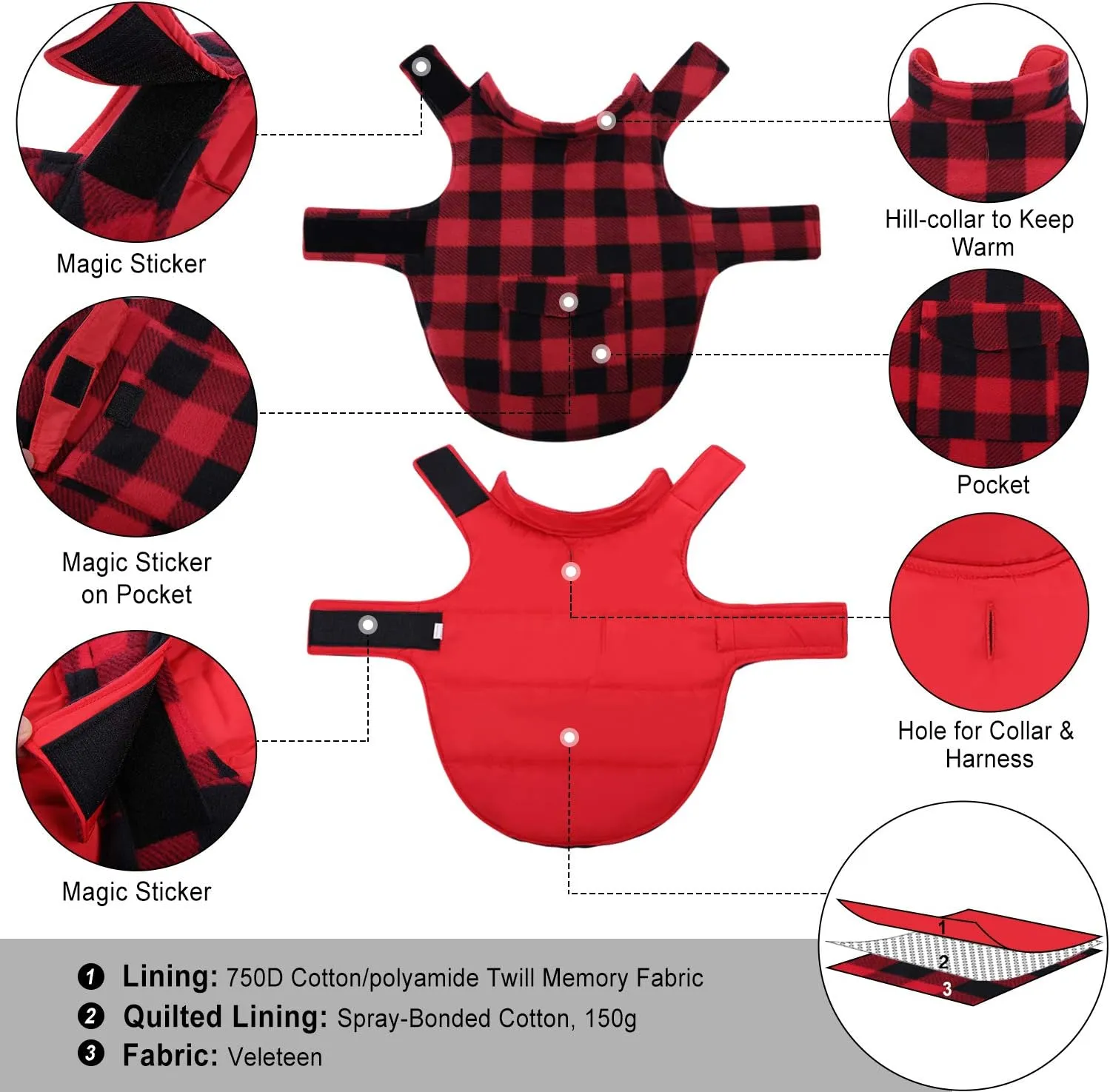 ASENKU Plaid Winter Coat, Fleece Jacket Reversible Vest Waterproof Windproof Cold Weather Clothes Pet Apparel for Small Medium Large Dogs Red M