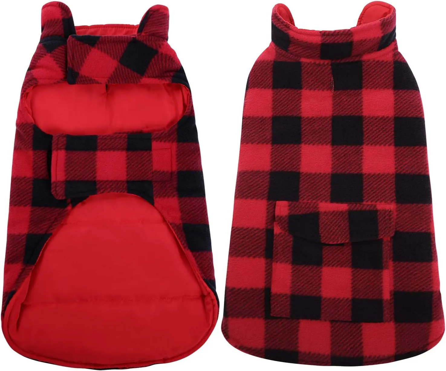 ASENKU Plaid Winter Coat, Fleece Jacket Reversible Vest Waterproof Windproof Cold Weather Clothes Pet Apparel for Small Medium Large Dogs Red M