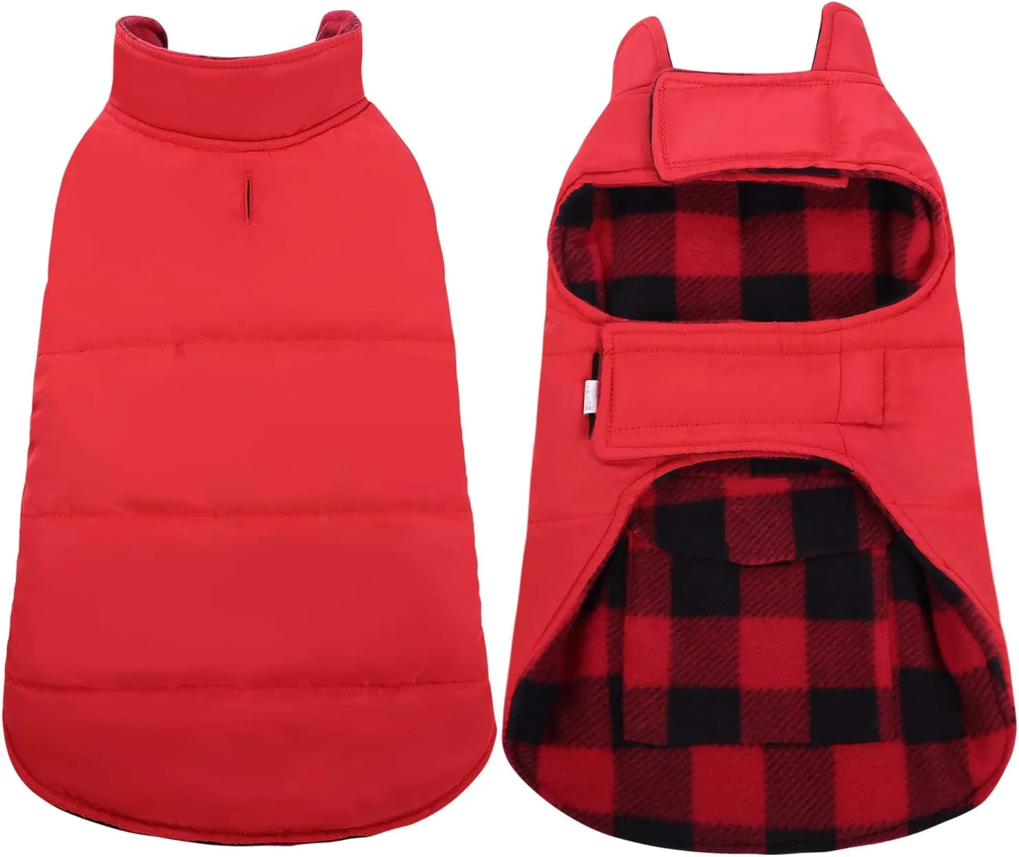 ASENKU Plaid Winter Coat, Fleece Jacket Reversible Vest Waterproof Windproof Cold Weather Clothes Pet Apparel for Small Medium Large Dogs Red M