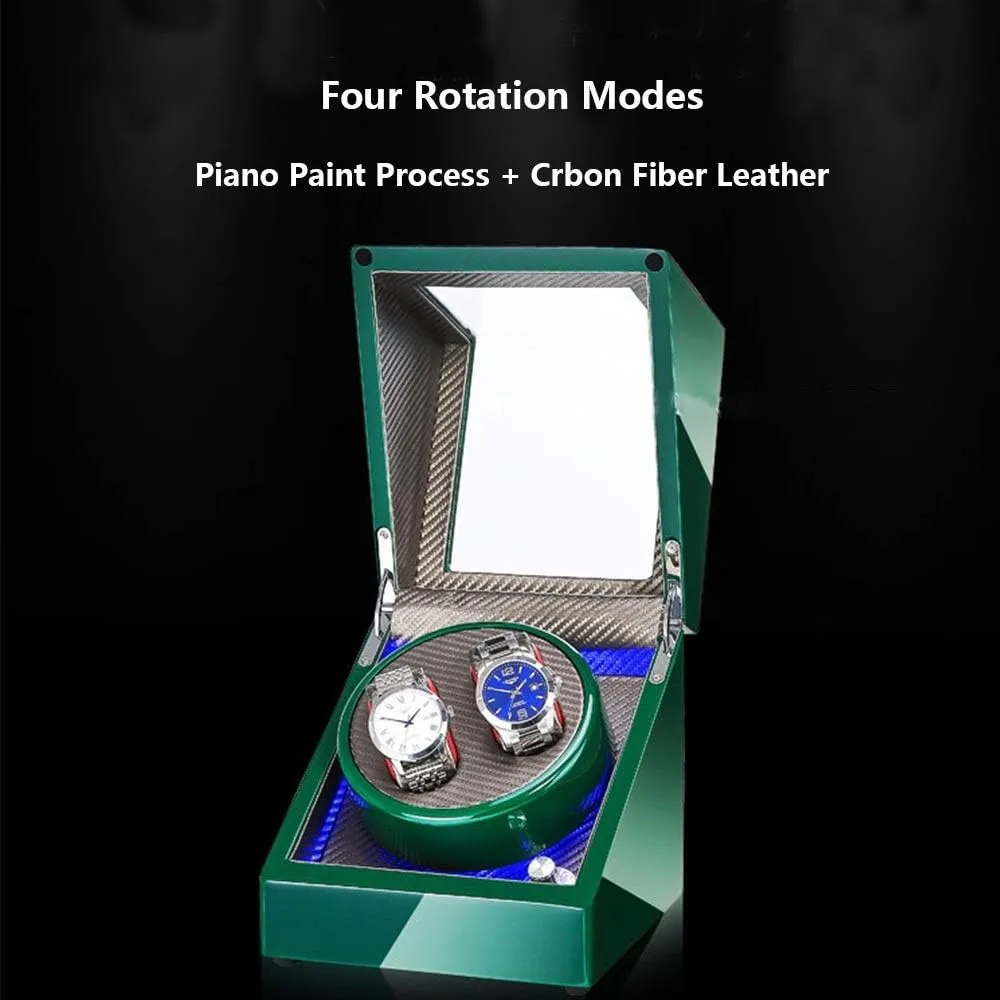 Automatic Double Watch Winder Box, with Blue LED Light, Green or White Paint Craft, Silent Motor, Fit Lady and Man Watches Watch Winder for Automatic Watches