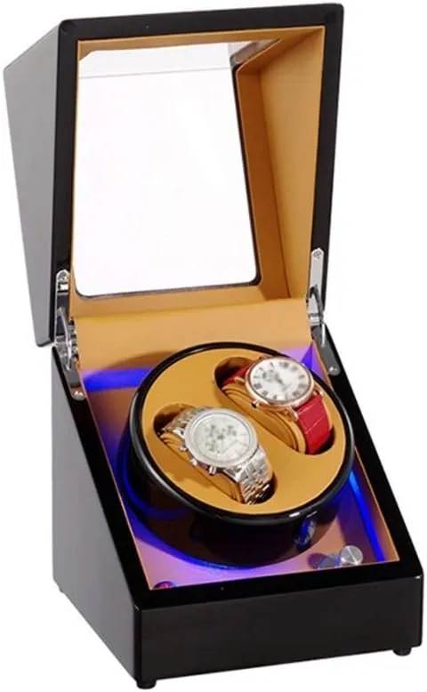 Automatic Double Watch Winder in Black, Blue LED Light, Extremely Silent Motor, Wood Shell Piano Paint Exterior Watch Winder Display Watch Box Case Watch Storage