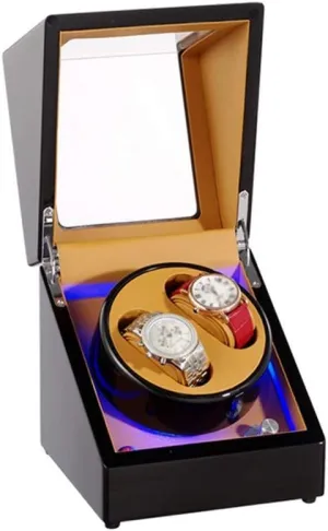 Automatic Double Watch Winder in Black, Blue LED Light, Extremely Silent Motor, Wood Shell Piano Paint Exterior Watch Winder Display Watch Box Case Watch Storage