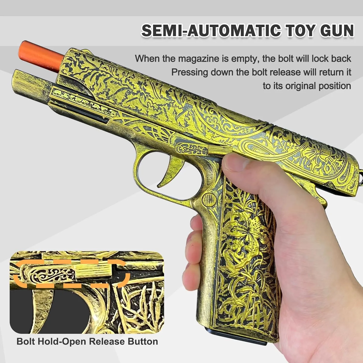 Automatic Shell Ejecting Toy Guns with 120 Soft Bullets, Cool Toy Pistol with Ejecting Shells, Retro Pattern Design Shooting Model Toys Gifts for Boys, Kids and Girls