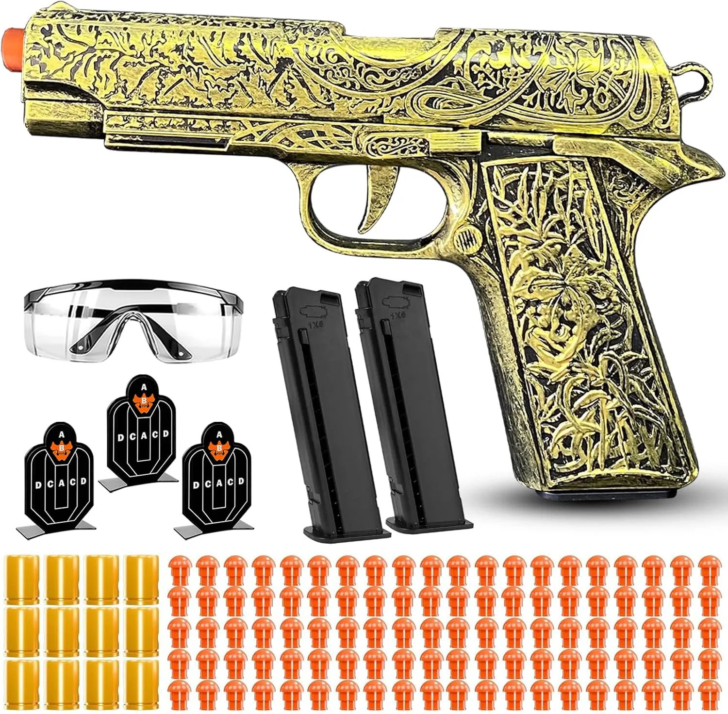 Automatic Shell Ejecting Toy Guns with 120 Soft Bullets, Cool Toy Pistol with Ejecting Shells, Retro Pattern Design Shooting Model Toys Gifts for Boys, Kids and Girls