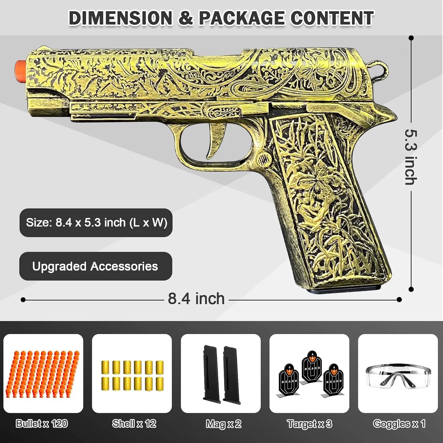 Automatic Shell Ejecting Toy Guns with 120 Soft Bullets, Cool Toy Pistol with Ejecting Shells, Retro Pattern Design Shooting Model Toys Gifts for Boys, Kids and Girls