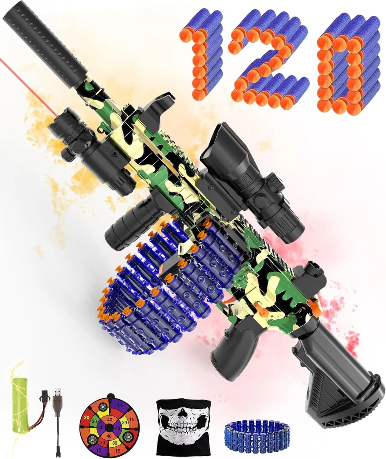 Automatic Toy Foam Blaster with Scope and IR, Electric Toy Dart Blaster Rotating Barrel with 24 Dart Storag, 120 Foam Darts for Nerf Guns, Target, Air Pocket Technology Shooting Game Toys for Kids