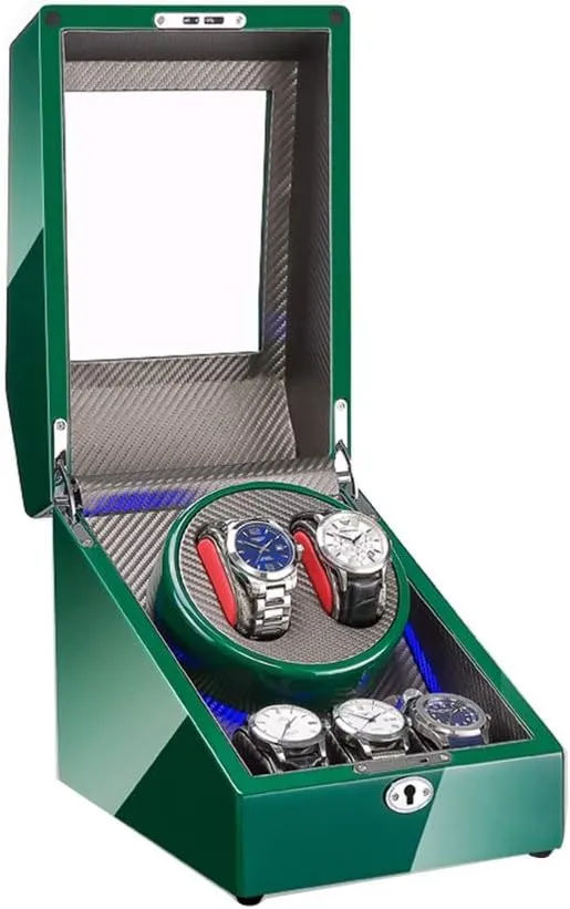 Automatic Watch Winder Box 2 3, with Blue LED Light, Green Piano Paint Exterior, 4 Rotation Modes, Quite Motors Watch Winder Box Best Gift