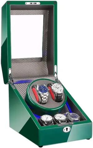 Automatic Watch Winder Box 2 3, with Blue LED Light, Green Piano Paint Exterior, 4 Rotation Modes, Quite Motors Watch Winder Box Best Gift