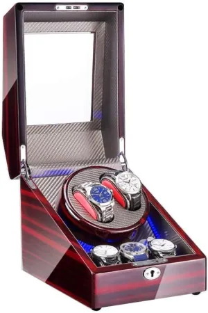 Automatic Watch Winder Box 2 3 with LED Light Wood Shell Piano Paint Exterior 4 Rotation Modes Quite Motors (F)