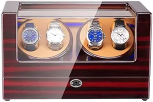 Automatic Watch Winder Box 4, with LED Light, in Wood Shell and Leather, Piano Paint Exterior, Super Quiet Motor (D)
