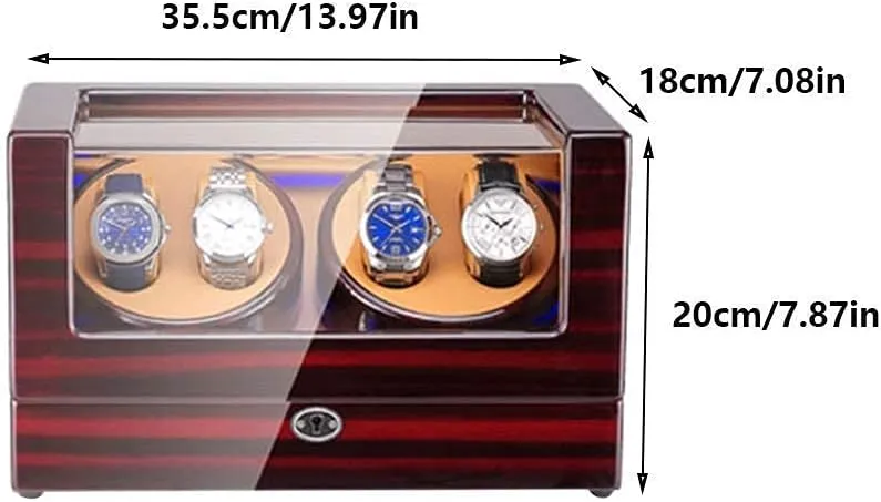 Automatic Watch Winder Box 4, with LED Light, in Wood Shell and Leather, Piano Paint Exterior, Super Quiet Motor (D)
