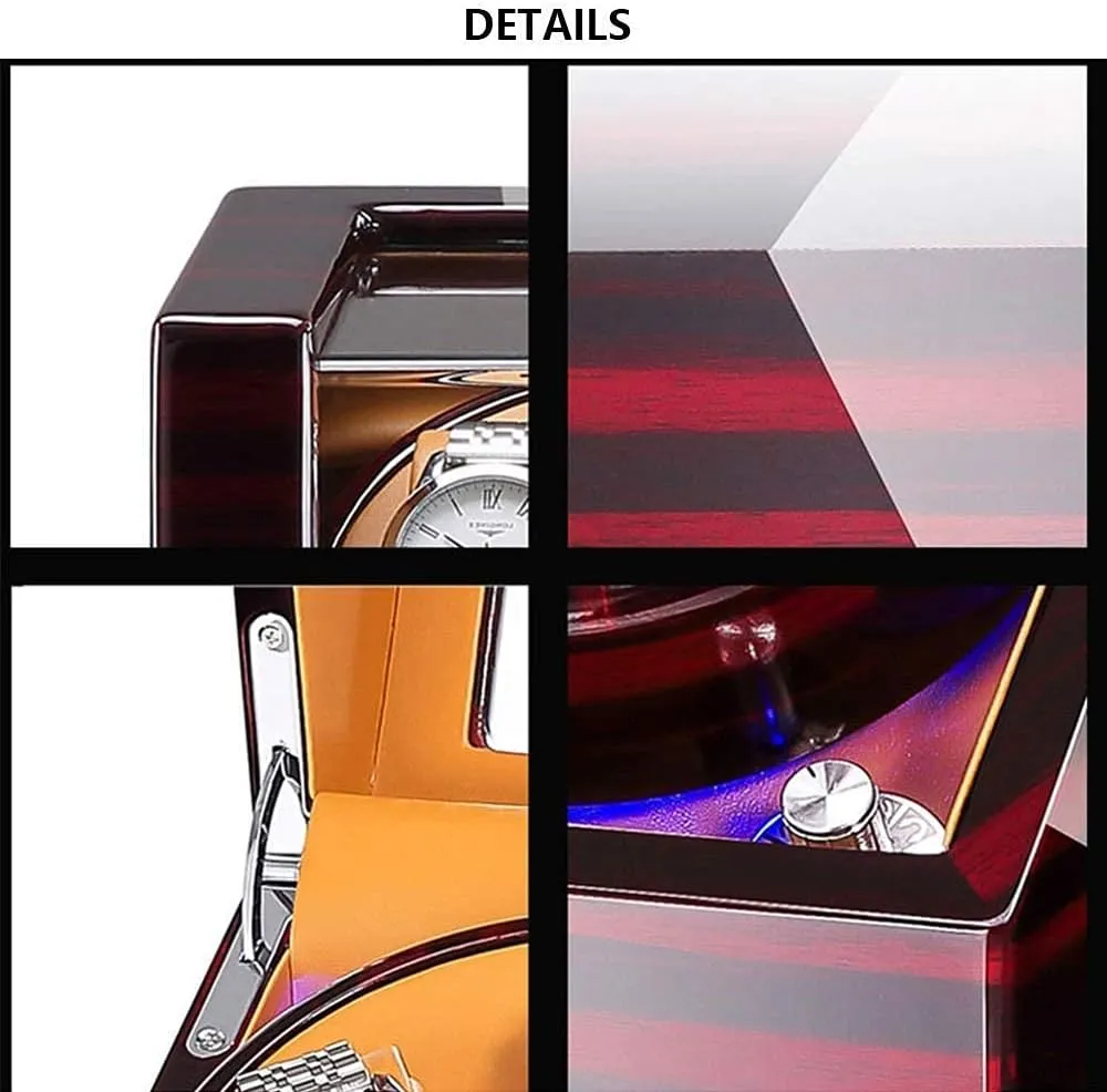 Automatic Watch Winder Box 4, with LED Light, in Wood Shell and Leather, Piano Paint Exterior, Super Quiet Motor (D)