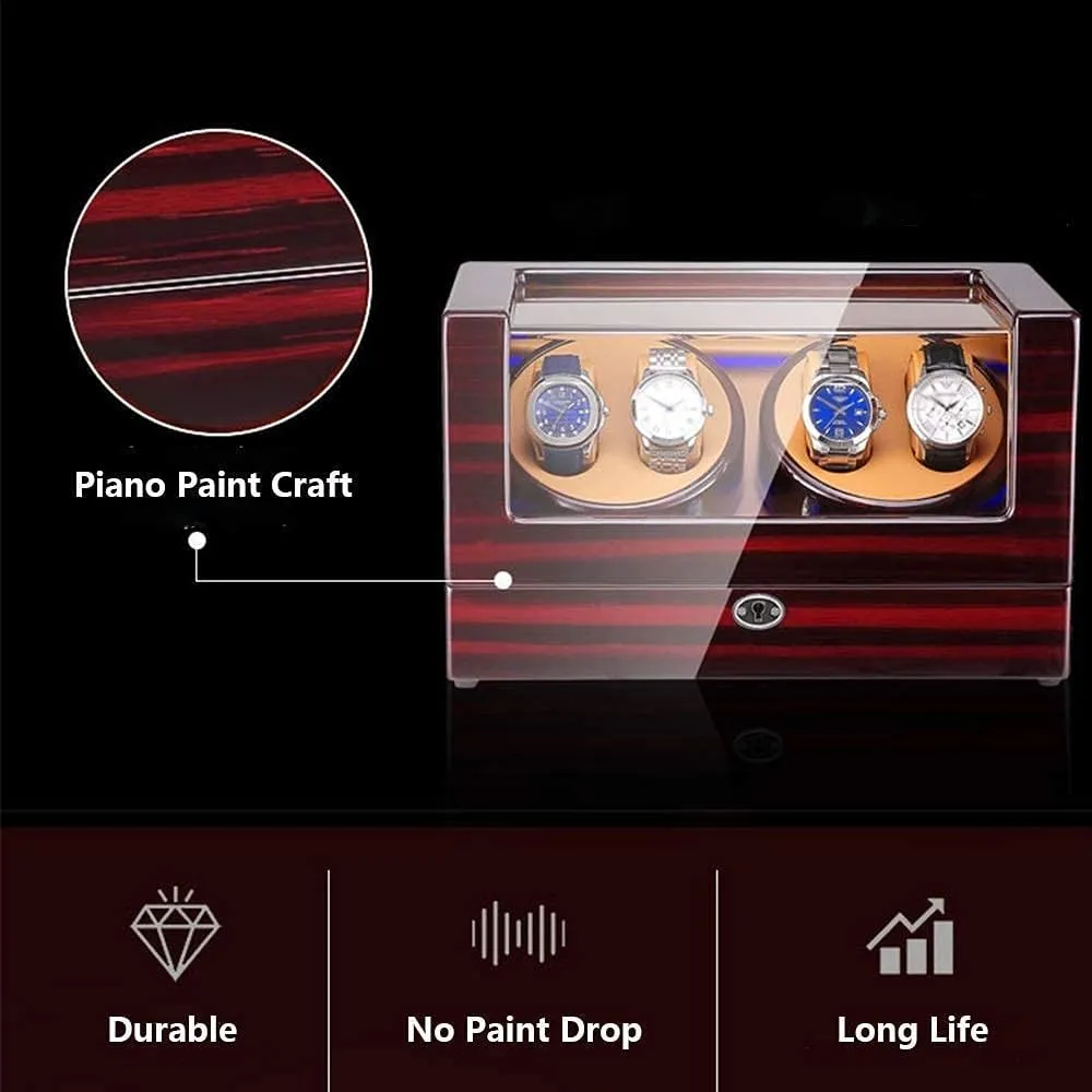 Automatic Watch Winder Box 4, with LED Light, in Wood Shell and Leather, Piano Paint Exterior, Super Quiet Motor (D)
