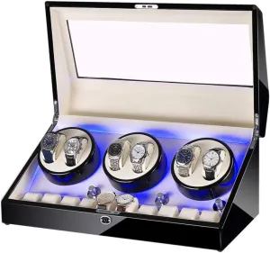 Automatic Watch Winder Box 6 10, with Blue LED Light, in Wood Shell and Leather, Extremely Silent Motor, 4 Rotation Modes Watch Winder for Automatic Watches C