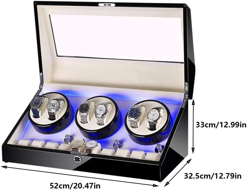 Automatic Watch Winder Box 6 10, with Blue LED Light, in Wood Shell and Leather, Extremely Silent Motor, 4 Rotation Modes Watch Winder for Automatic Watches