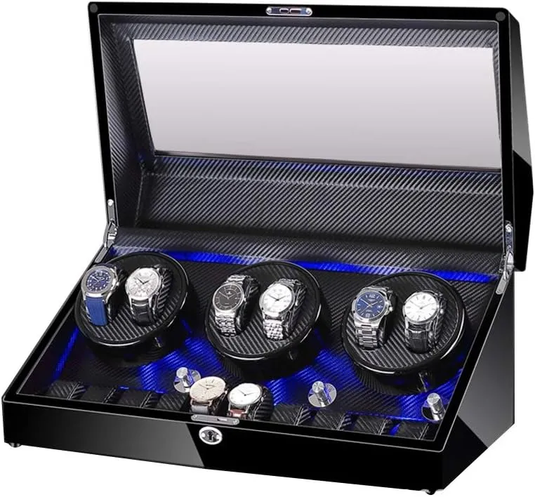 Automatic Watch Winder Box 6 10, with Blue LED Light, in Wood Shell and Leather, Extremely Silent Motor, 4 Rotation Modes Watch Winder for Automatic Watches