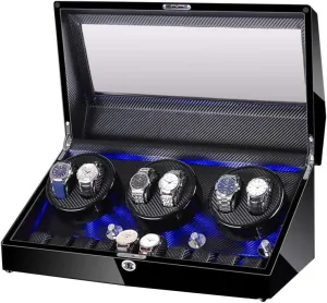 Automatic Watch Winder Box 6 10, with Blue LED Light, in Wood Shell and Leather, Extremely Silent Motor, 4 Rotation Modes Watch Winder for Automatic Watches